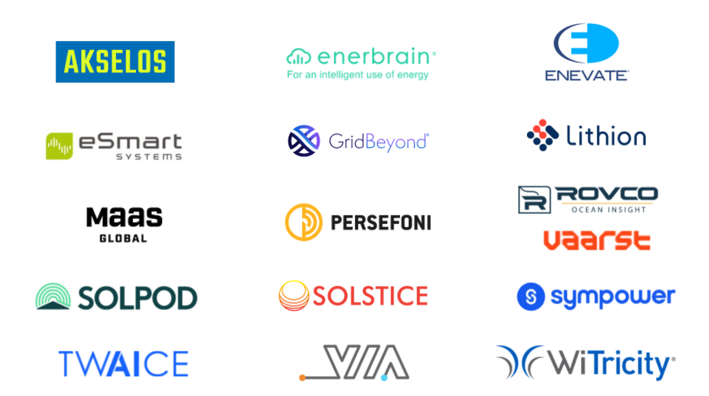 2021 ENECHANGE Insight Ventures first cohort logos: Akselos, Enerbrain, Enevate, eSmart Systems, GridBeyond, Lithion Recycling, MaaS Global, Persefoni, Rovco & Vaarst, Solpod, Solstice, Sympower, TWAICE, VIA, WiTricity
